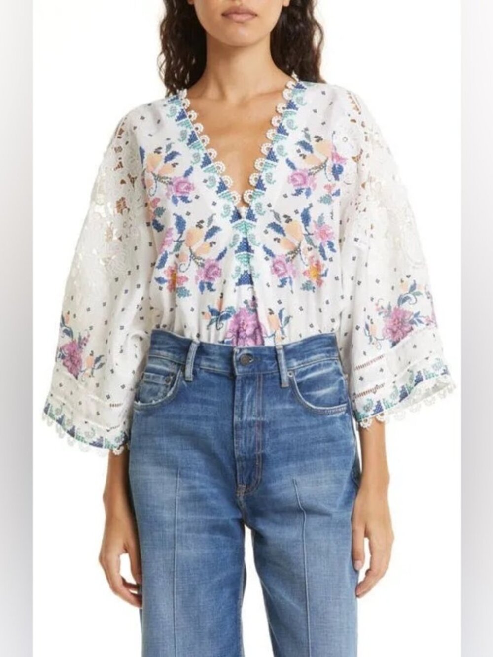 Farm Rio Off-White Romantic Floral Bandanas Bodysuit Size M